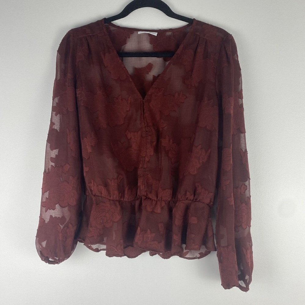 Bar III Women's Jacquard Floral Blouse Size S ? Red Maroon Puff Sleeve Sheer Top